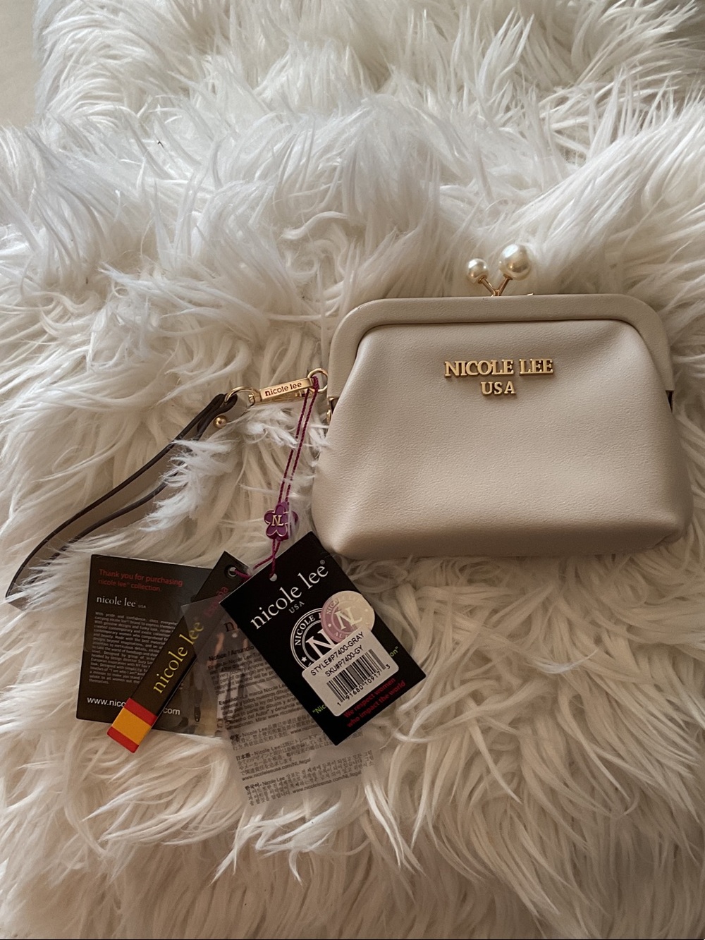 Nicole Lee Cream Kiss-Lock Wristlet with Pearl Accents